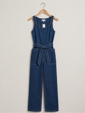 Indulge InStyle Size S Denim Jumpsuit Belted Wide Leg Sleeveless Romper Overall